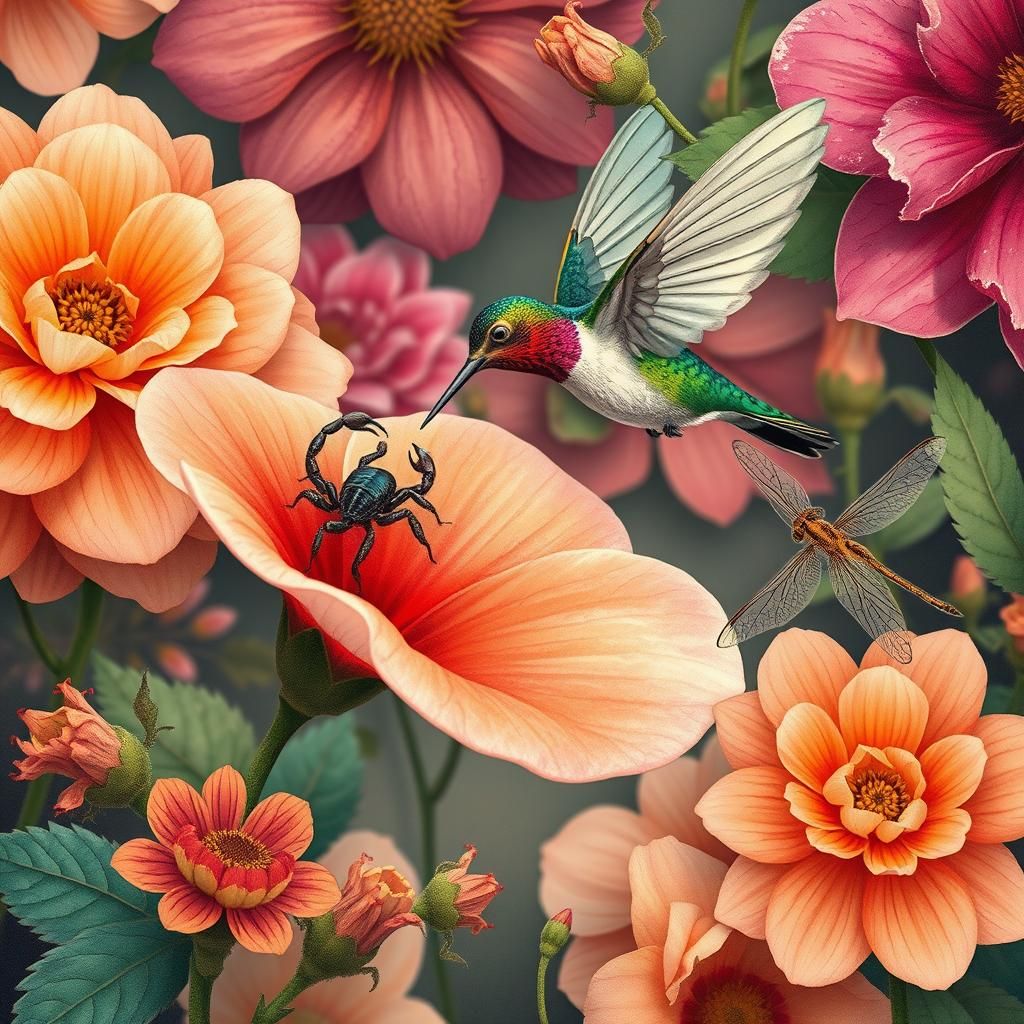 Hummingbird, Scorpion, and Dragonfly in Floral Scene