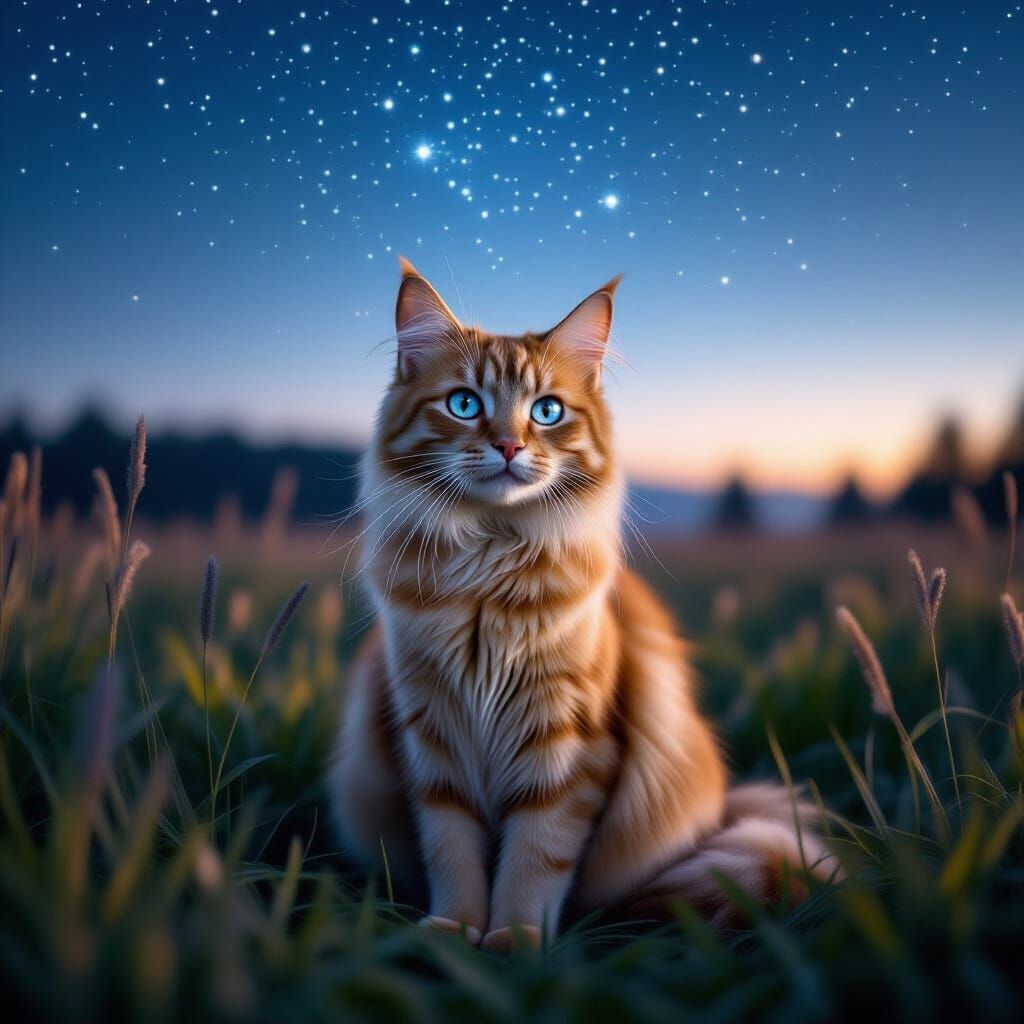 Sunlike Ginger Cat with Ice Blue Eyes in Misty Field