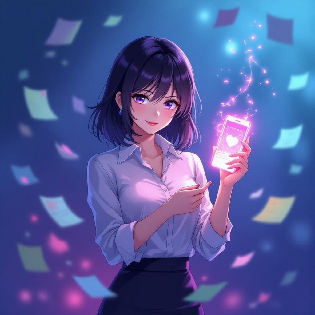 Anime Secretary Whispering Secrets in Neon Fog