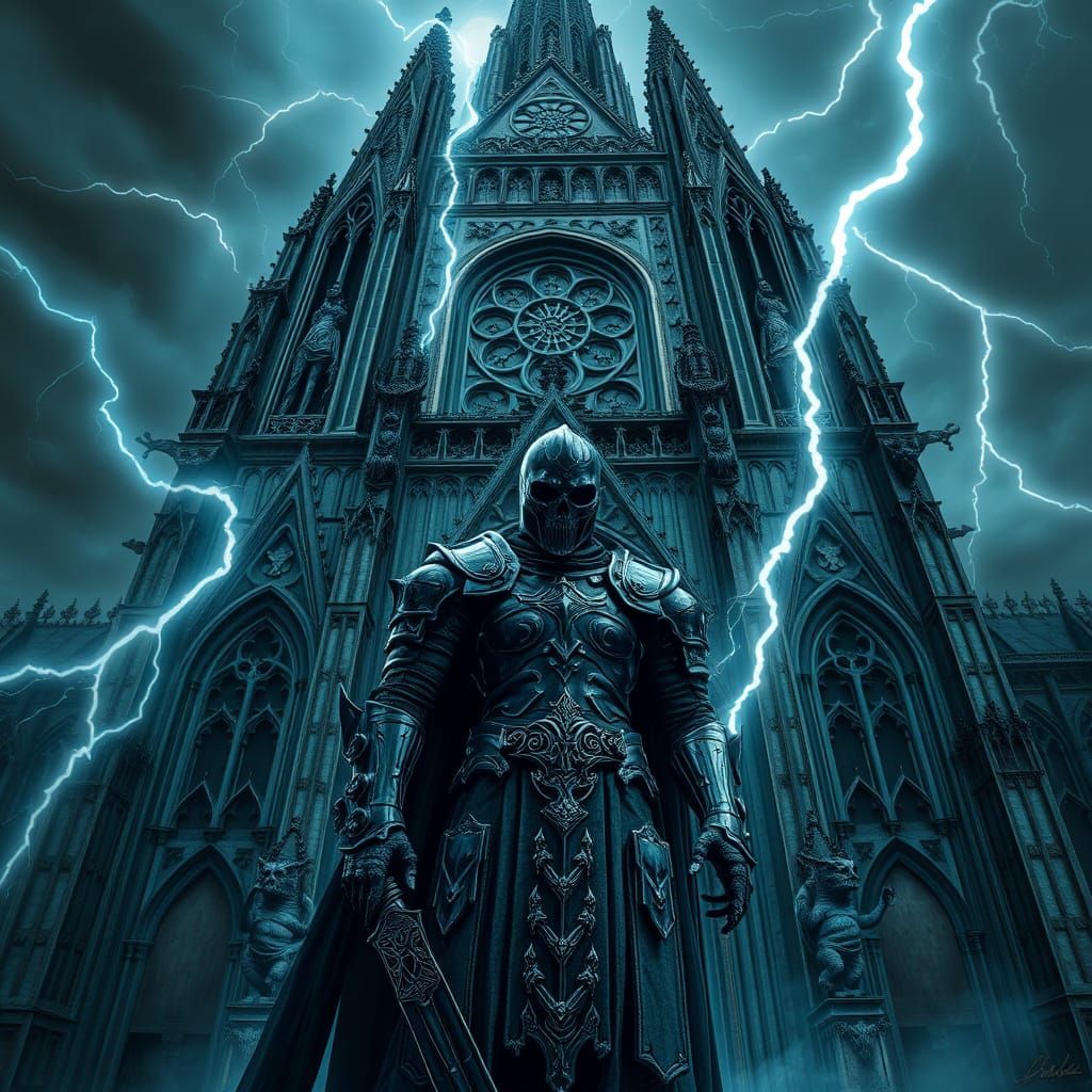Gothic Spectral Knight Guards Cathedral in Haunting Beauty