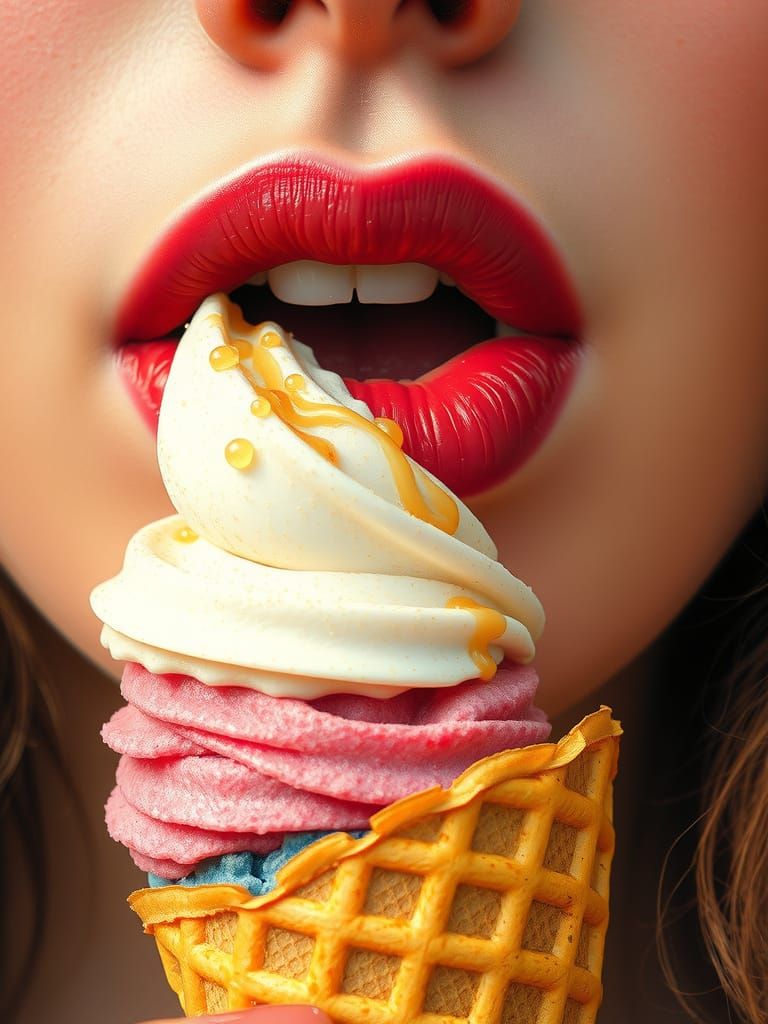 Rose-Tinted Lips on a Colorful Ice Cream Cone