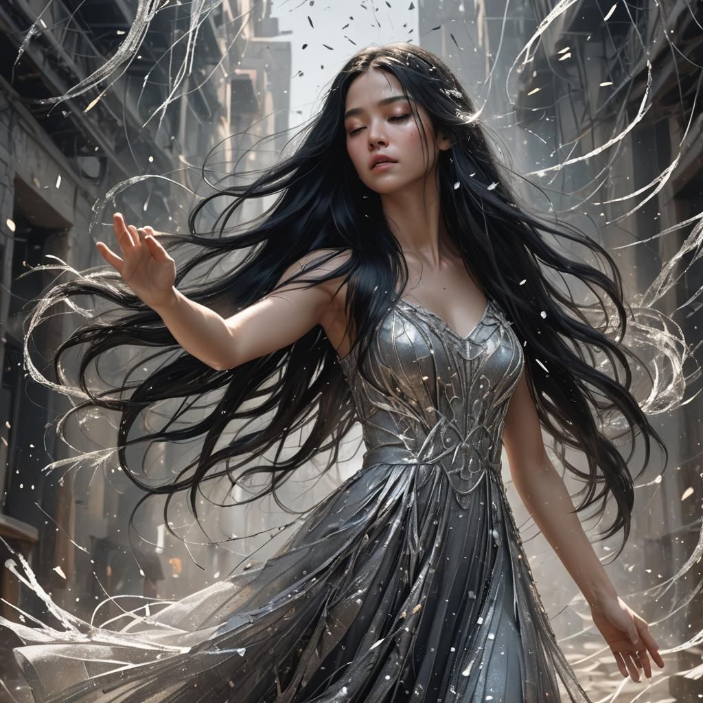 Girl Disintegrating into Silver Dust: Hyper-Realistic Digita...