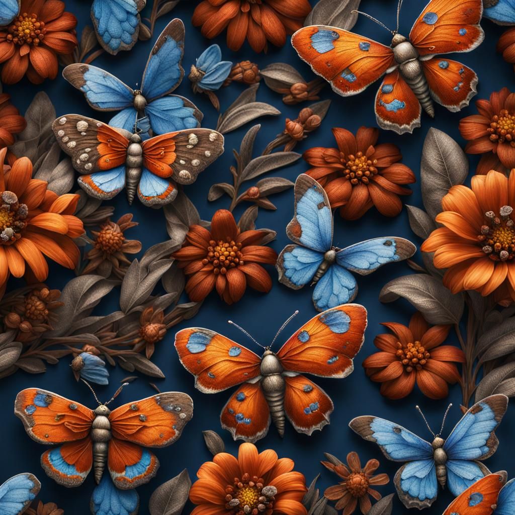 Rust Flowers and Blue Moth: Hyperrealistic Image