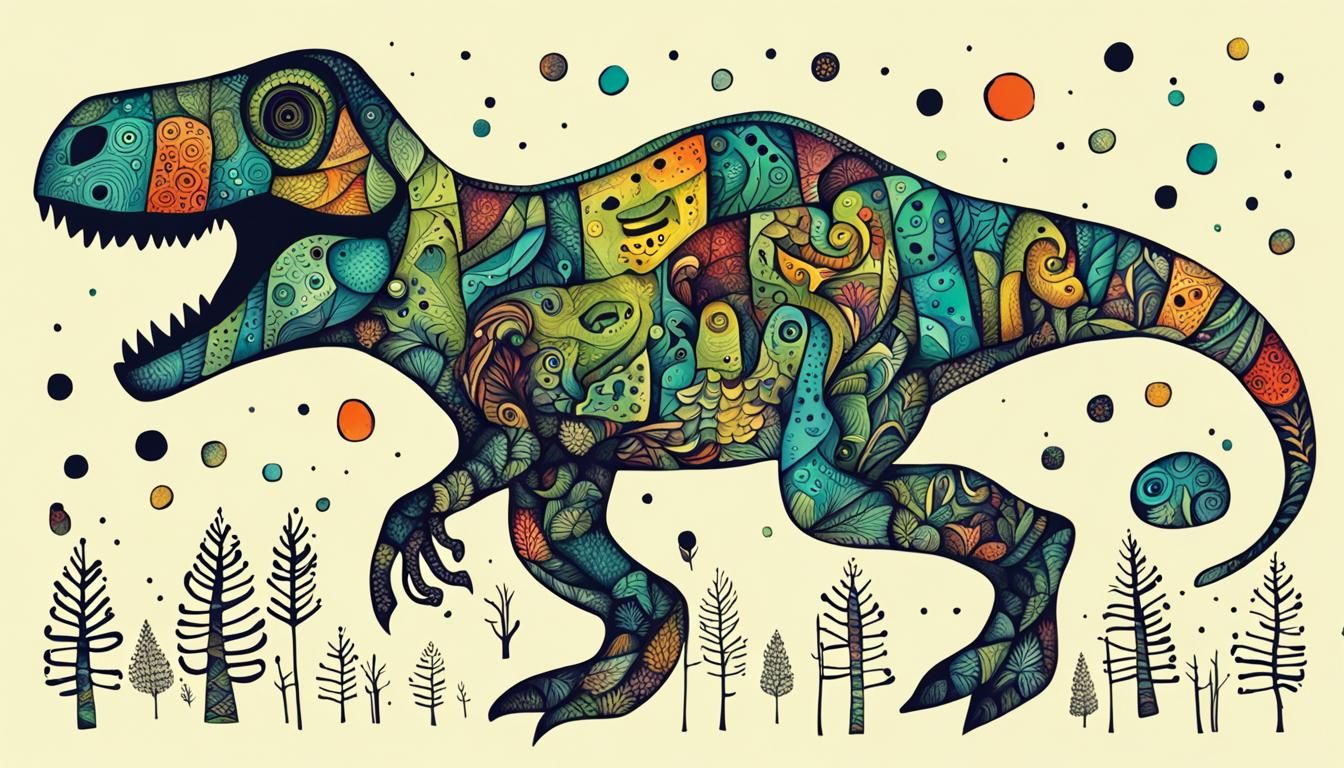 Happy T-Rex Zentangle Illustration in Forest