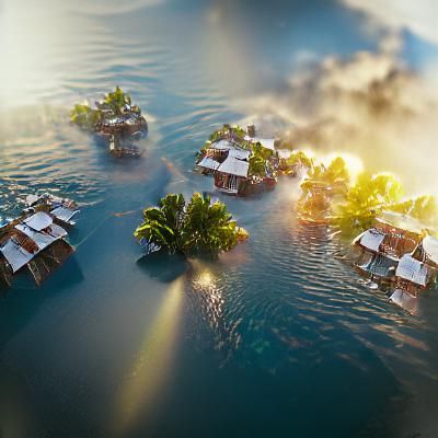 Tropical Village Floating on Water in 8K