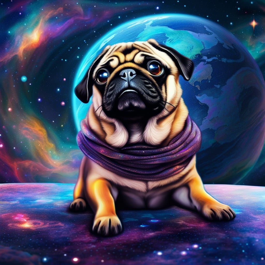 Cosmic Pug Guardian: An Astral Holographic Illustration