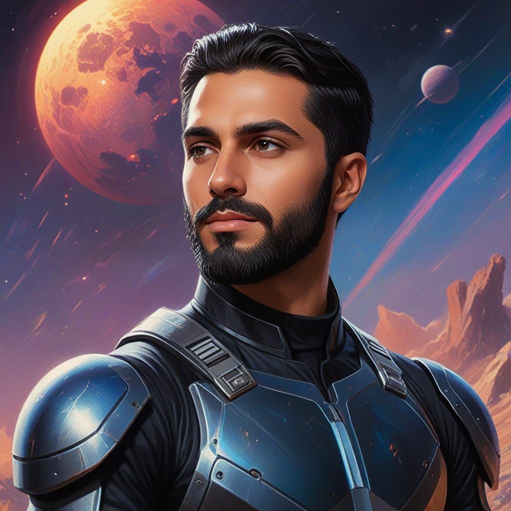 Handsome Bearded Space Commander in Futuristic Spacecraft