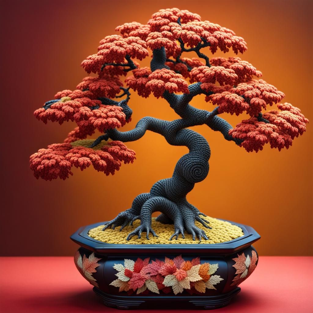 Crocheted Bonsai Tree in Japanese Vase