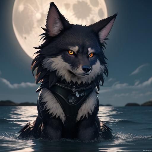 Werewolf Surfer Girl at Moonlit Beach, 3D Anime Art