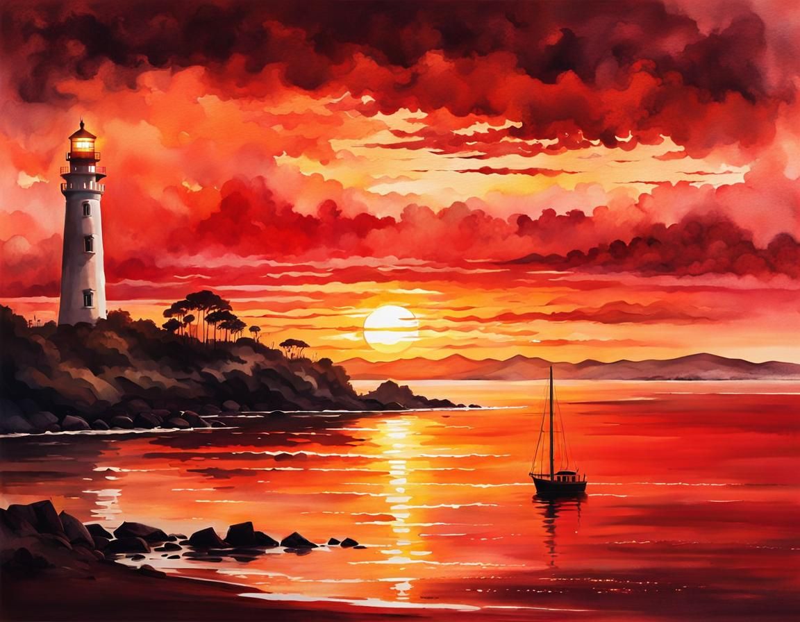 Monochromatic Red Sunset Over Bay Lighthouse