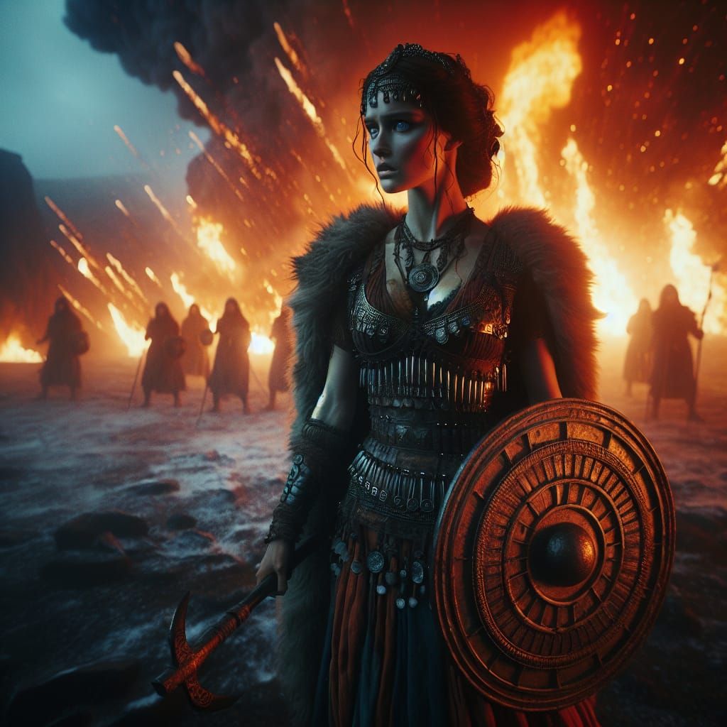 Epic Warrior Princess in Fiery Battlefield