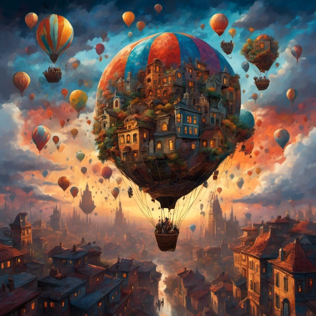 Steampunk City Floating in Clouds at Sunset