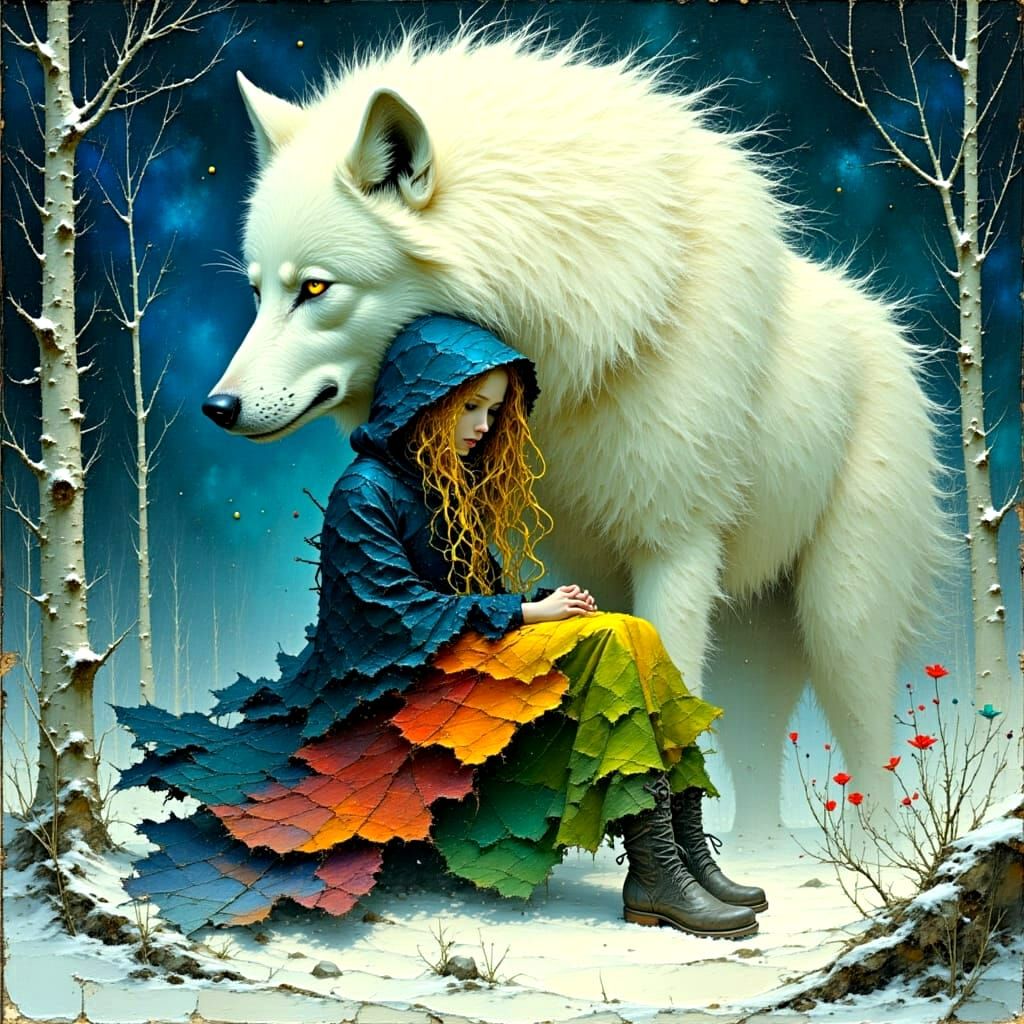 Enchanted Nordic Fairy in Blizzard, Oil Impasto Encaustic Ar...