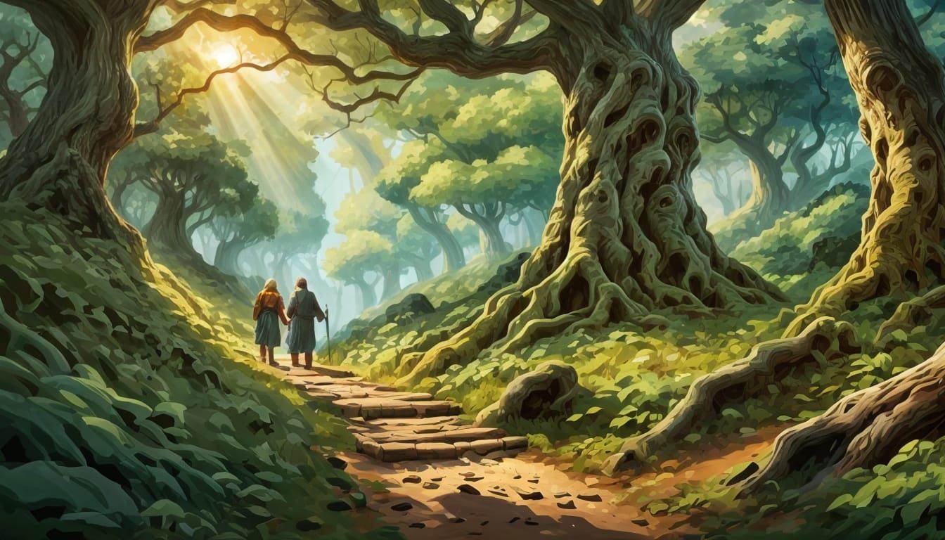 Fantasy Forest Landscape with Dwarfs, Digital Illustration