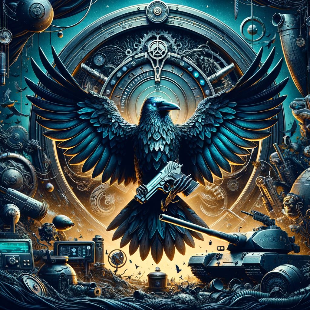 Metallic Crow Holds Gun in Epic, Dark Art Style