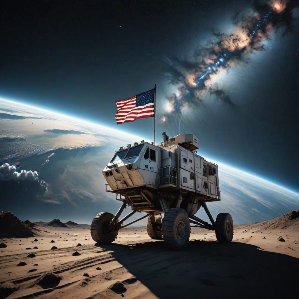 Astronaut Holds 2025 Flag on Dark Planet, Gazing at Earth