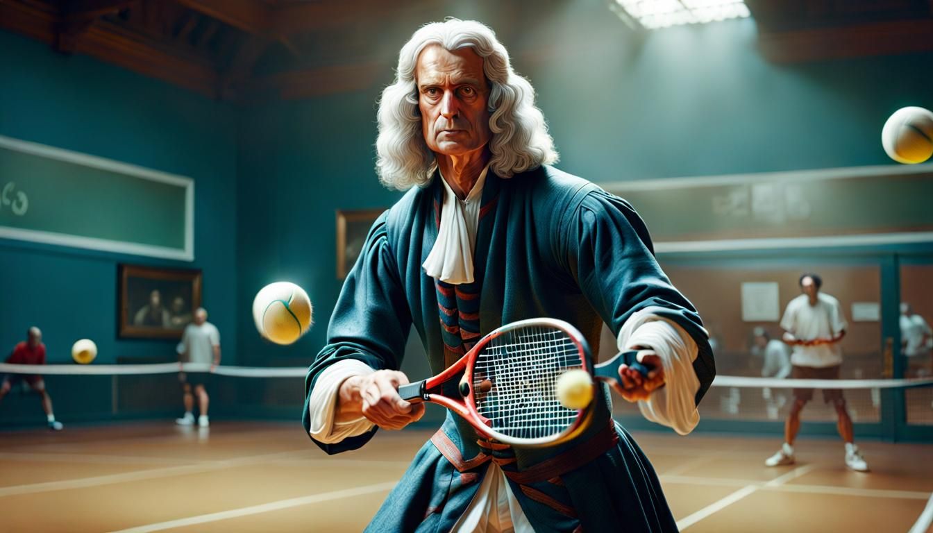 Newton Plays Racketball: Hyperrealistic Cinematic Splash Art