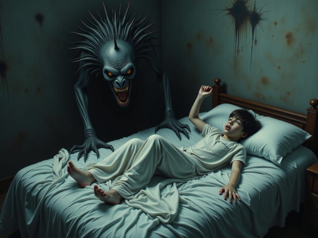 Terrified Boy Scared by Monster, Chiaroscuro Horror