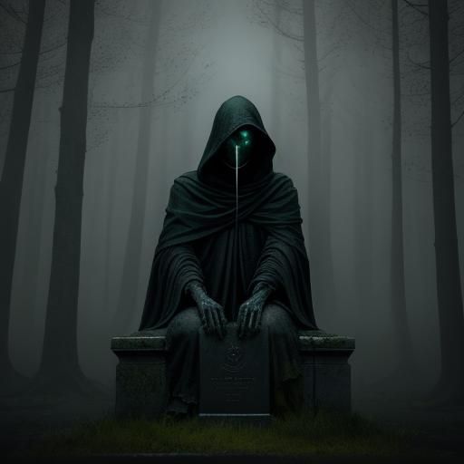 Dystopian Hooded Figure at Grave in Surreal Style