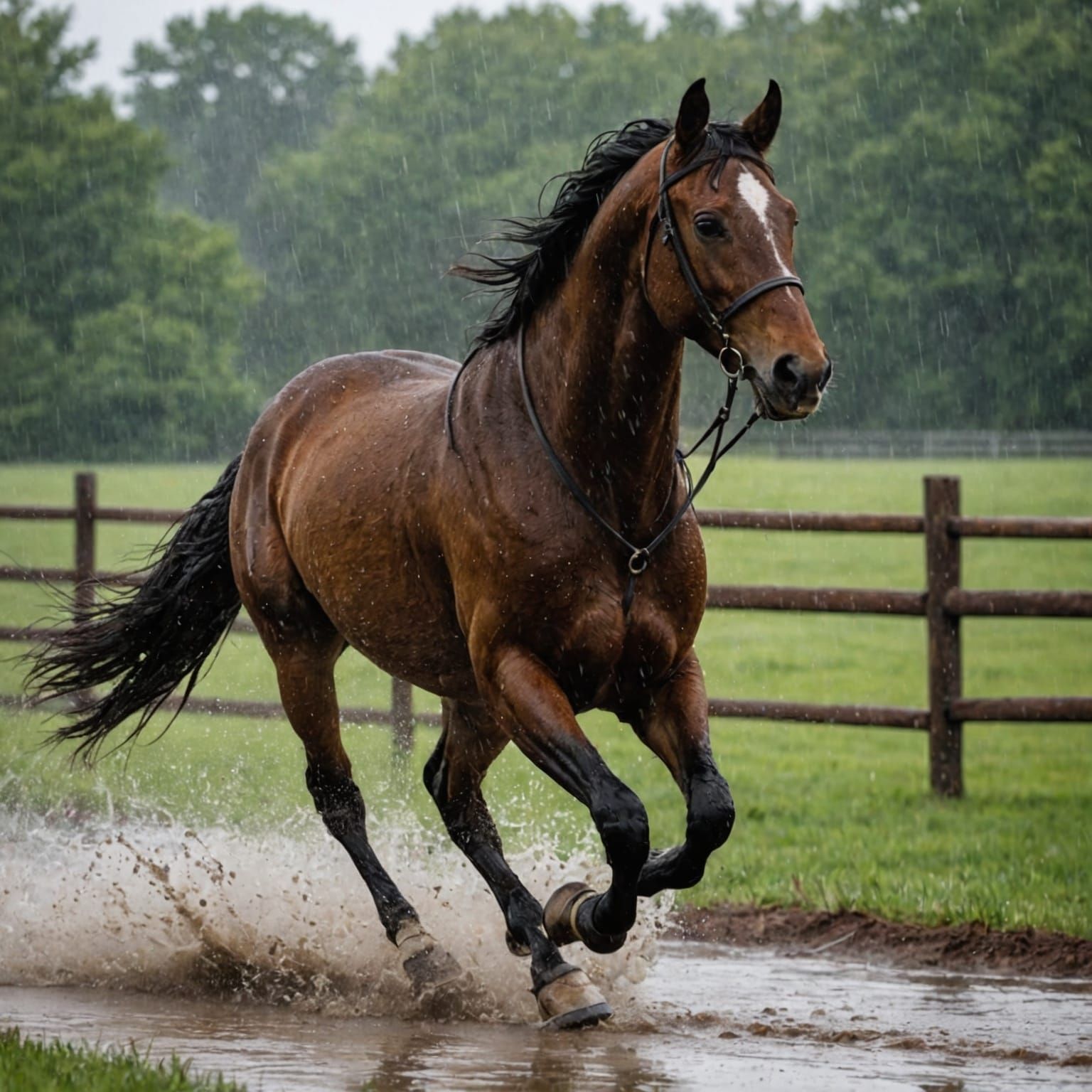 Quarter Horse Running in the Rain