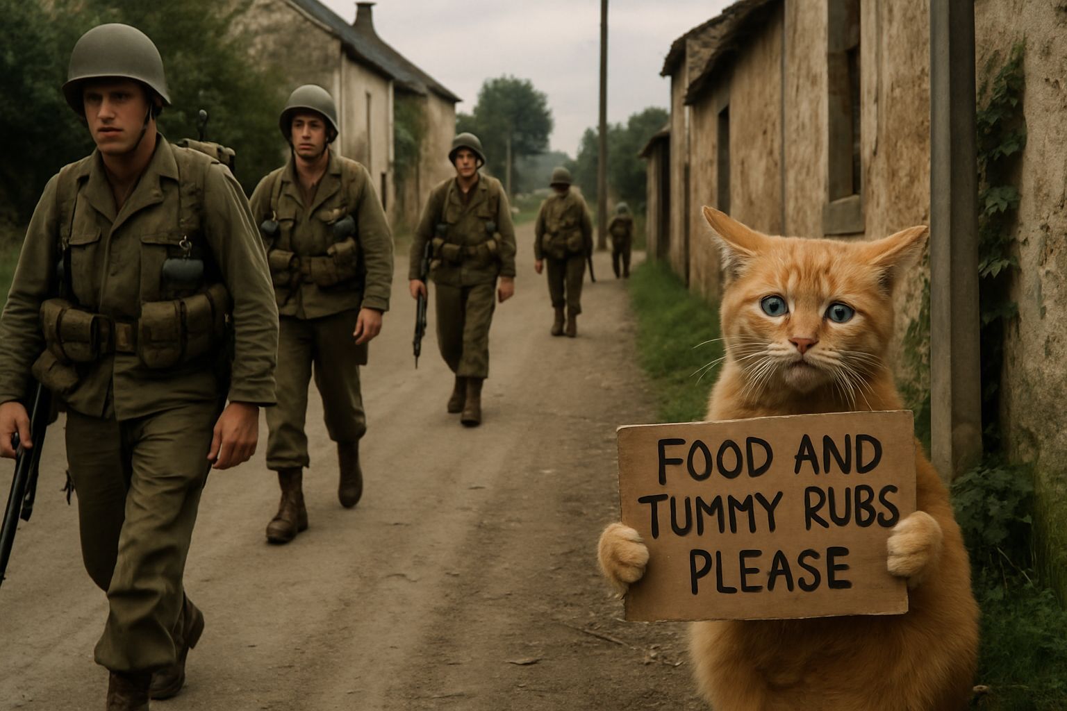 World War II Scene in France with Sad Cat