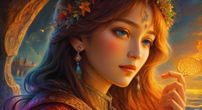 Woman Beachcombing at Sunset in Surreal Style