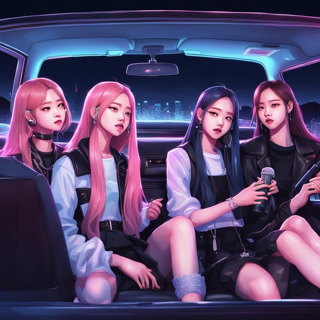 BLACKPINK Members Sing in Car at Night: 3D Anime Art