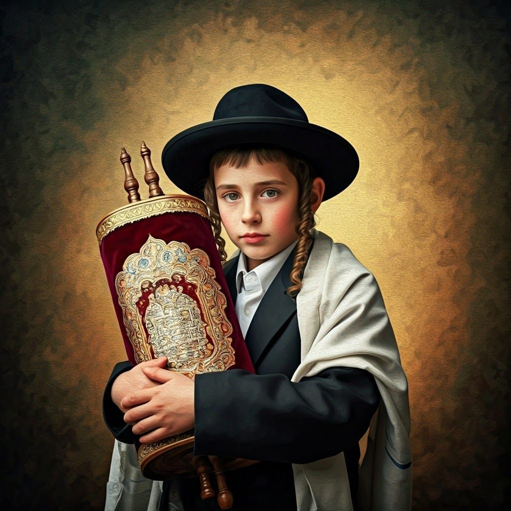 Young Boy in Traditional Hasidic Attire Holds Torah Scroll i...