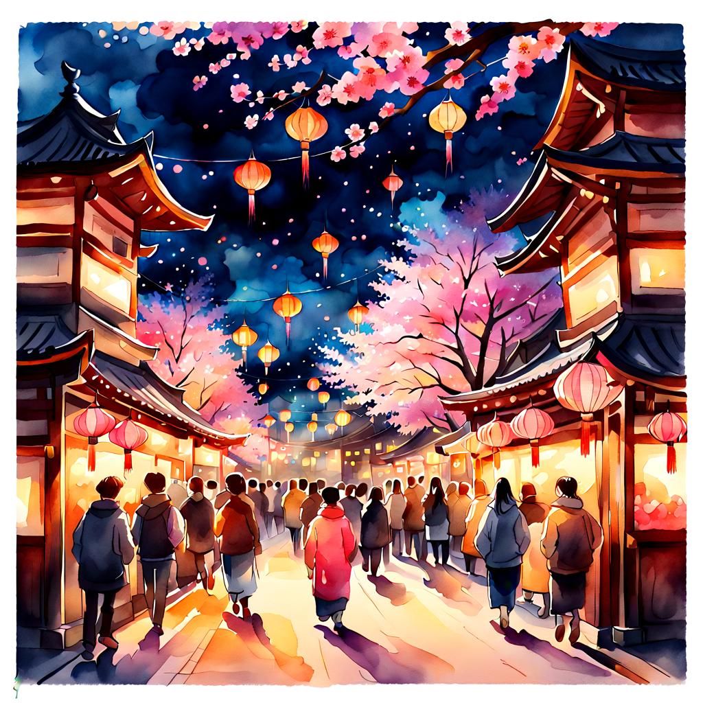 Vibrant Watercolor: A Lively Japanese Festival