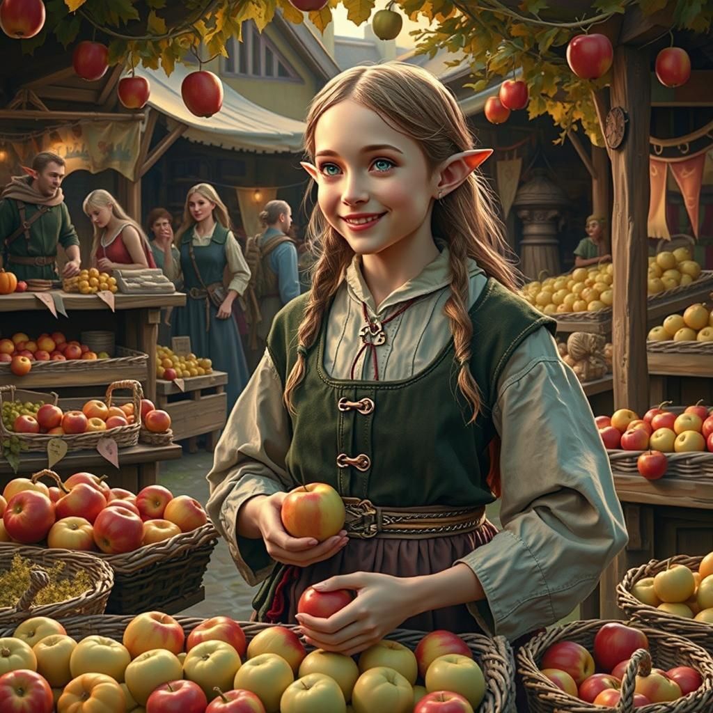 Elf Girl at Apple Market in Fantasy Style