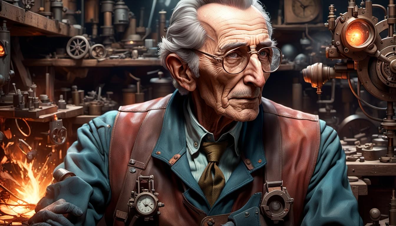 Clockmaker in Workshop with Flying Embers