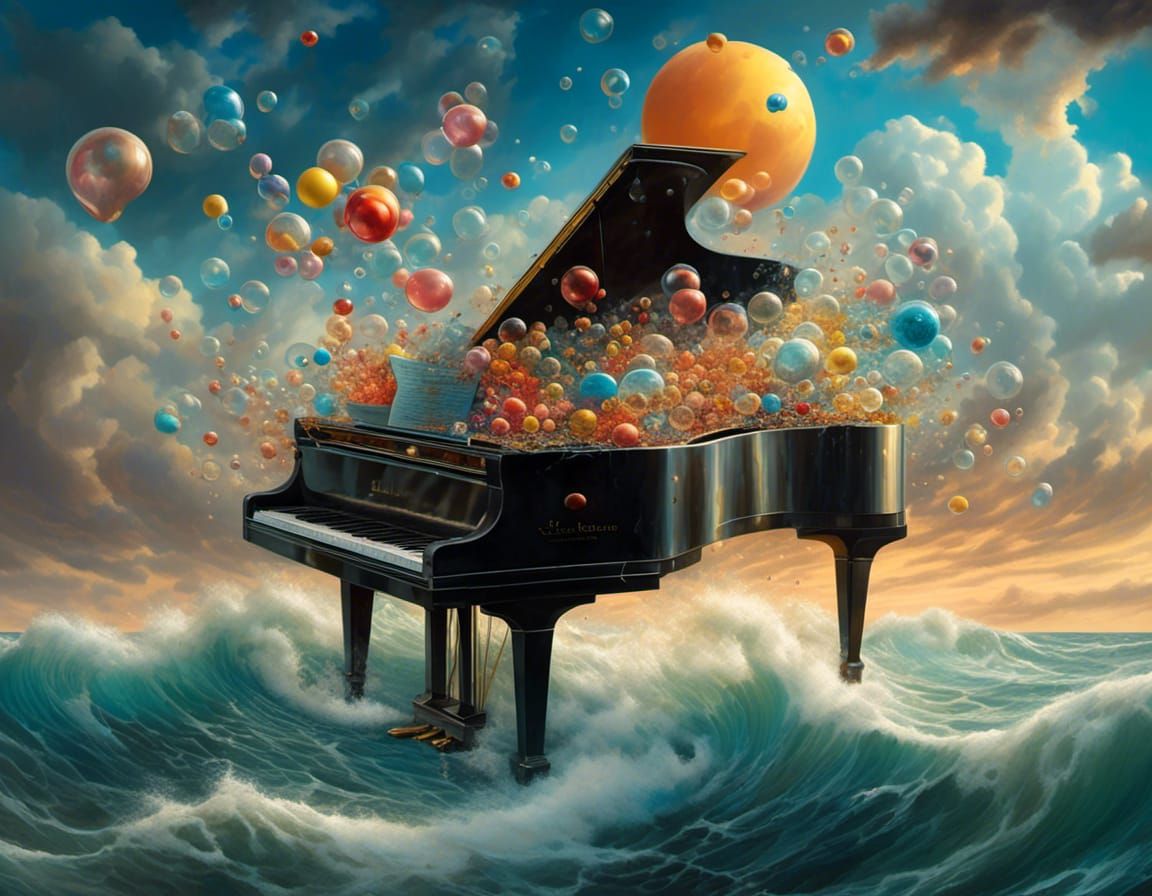 Piano on Stormy Waves: A Hyperrealistic Oil Painting