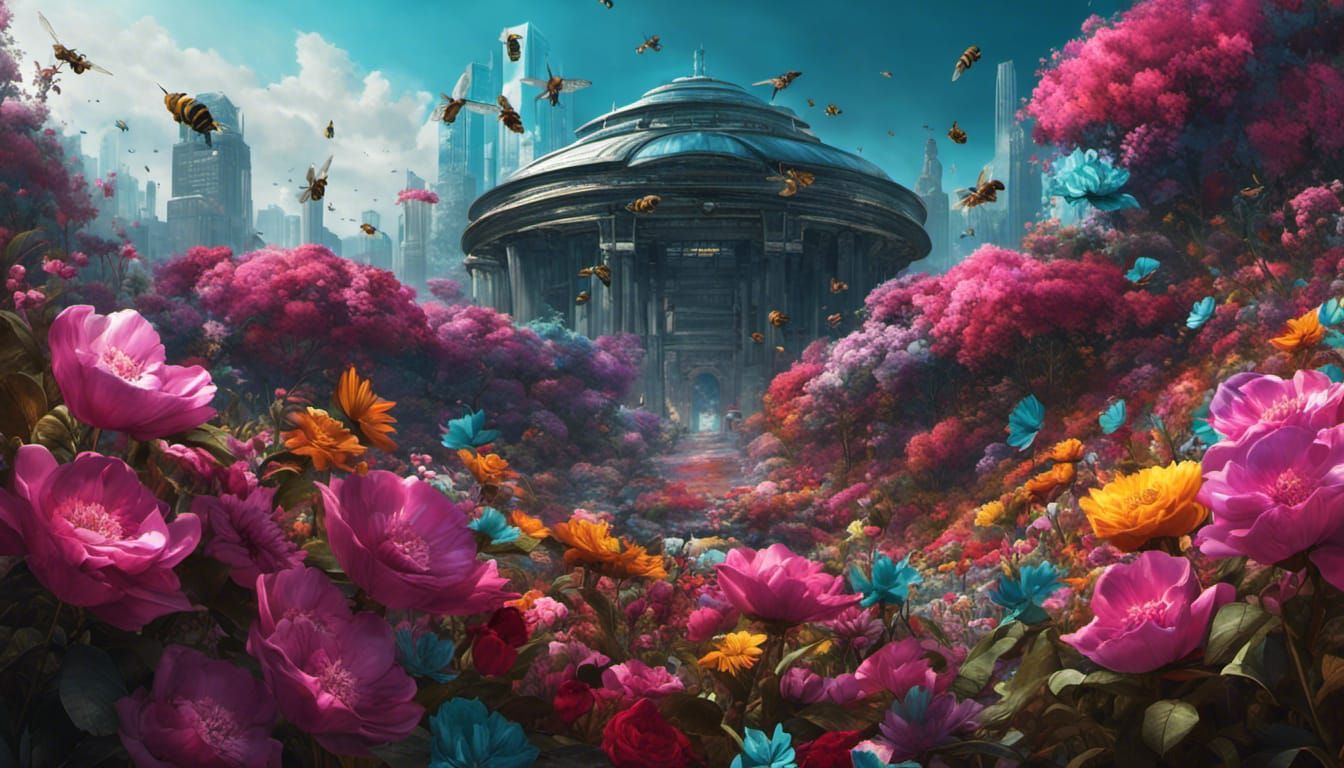 Floral Cyberpunk Bumblebee in Detailed Digital Art