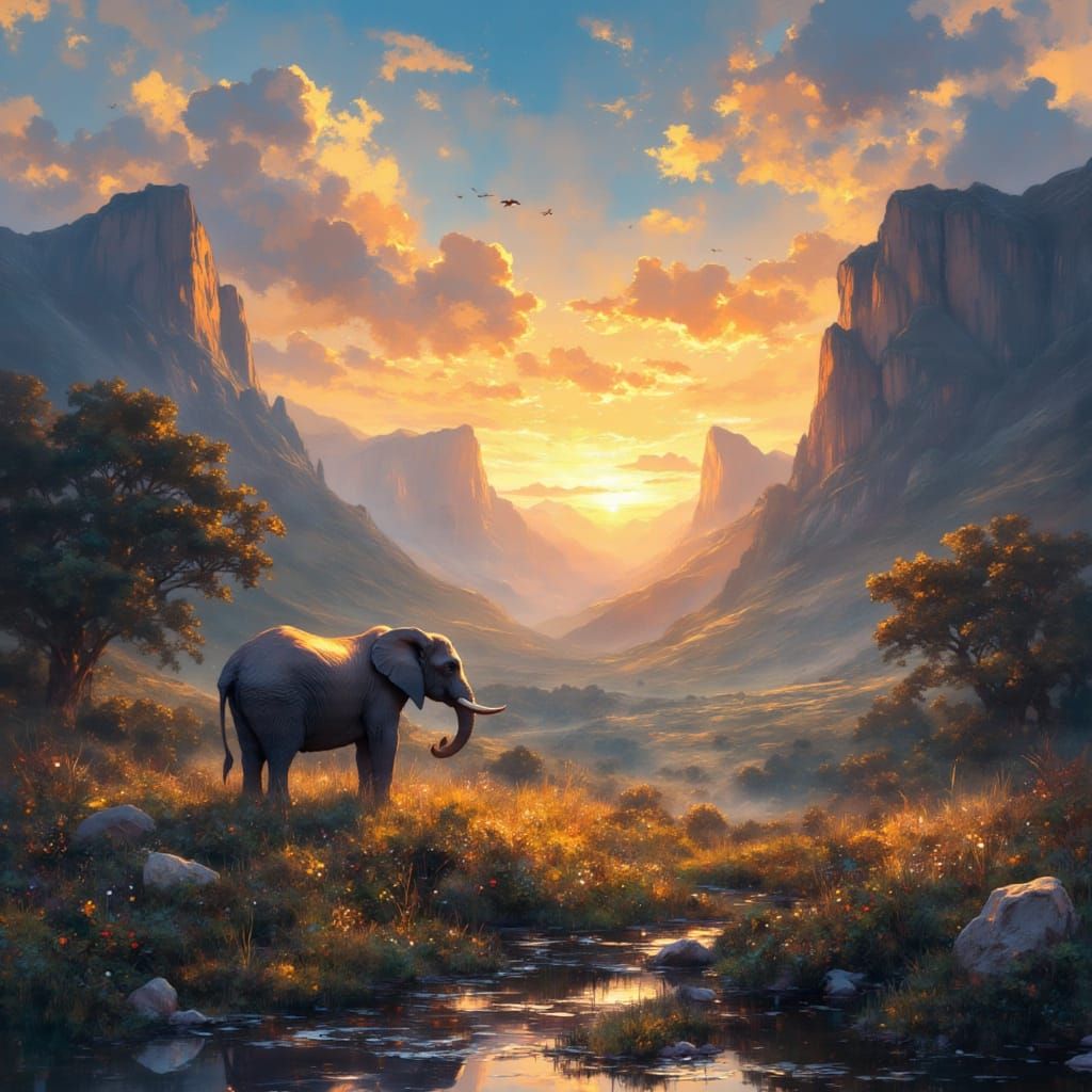 Elephant Amidst Golden Sunset in a Ruso-Artistic Landscape
