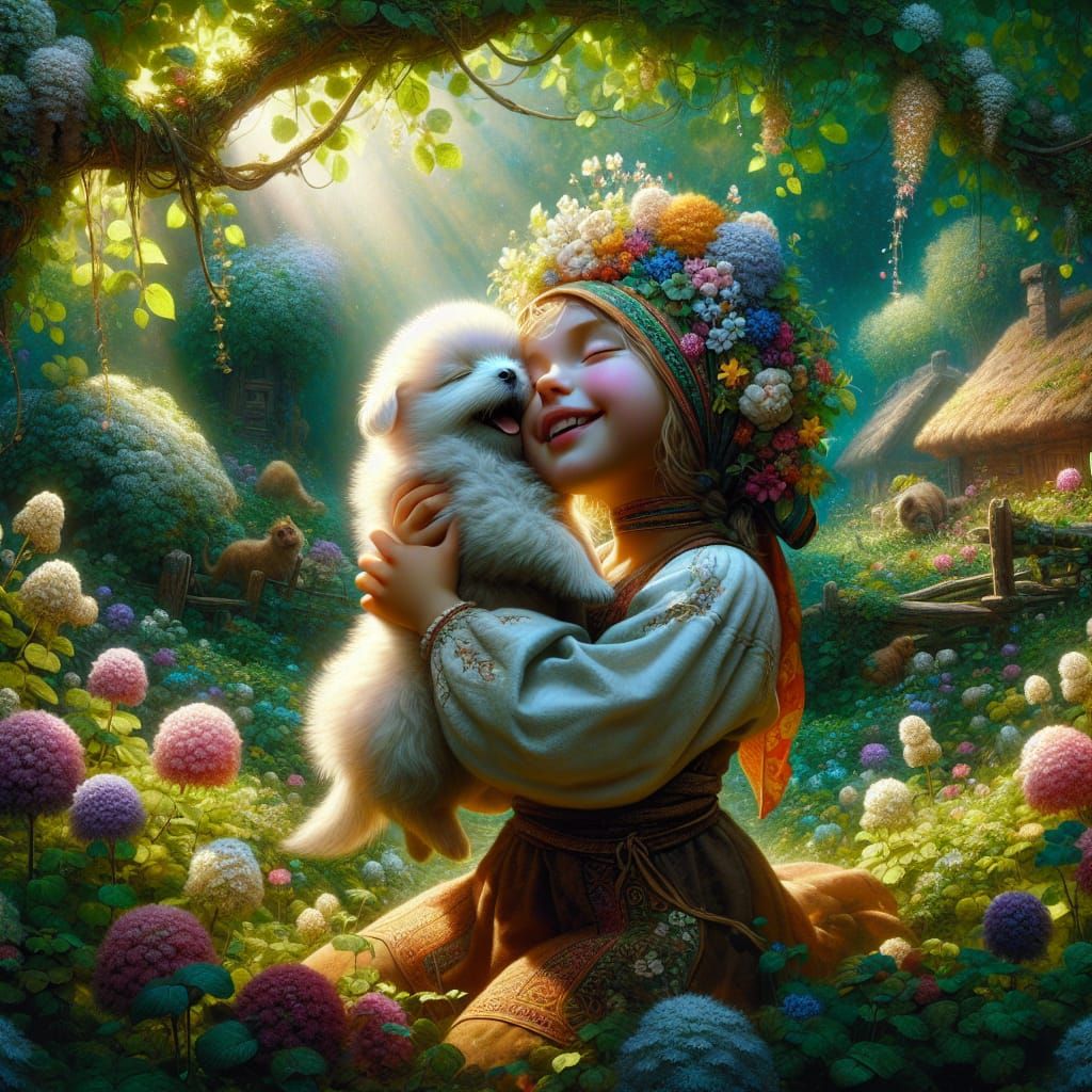 Girl and Puppy in Blooming Garden: Matte Painting
