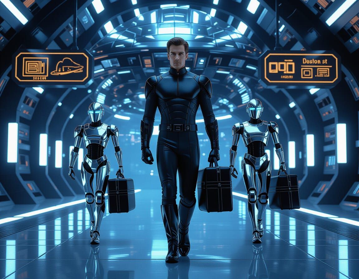 Futuristic Aristocrat Boards Space Transport with Robot Serv...