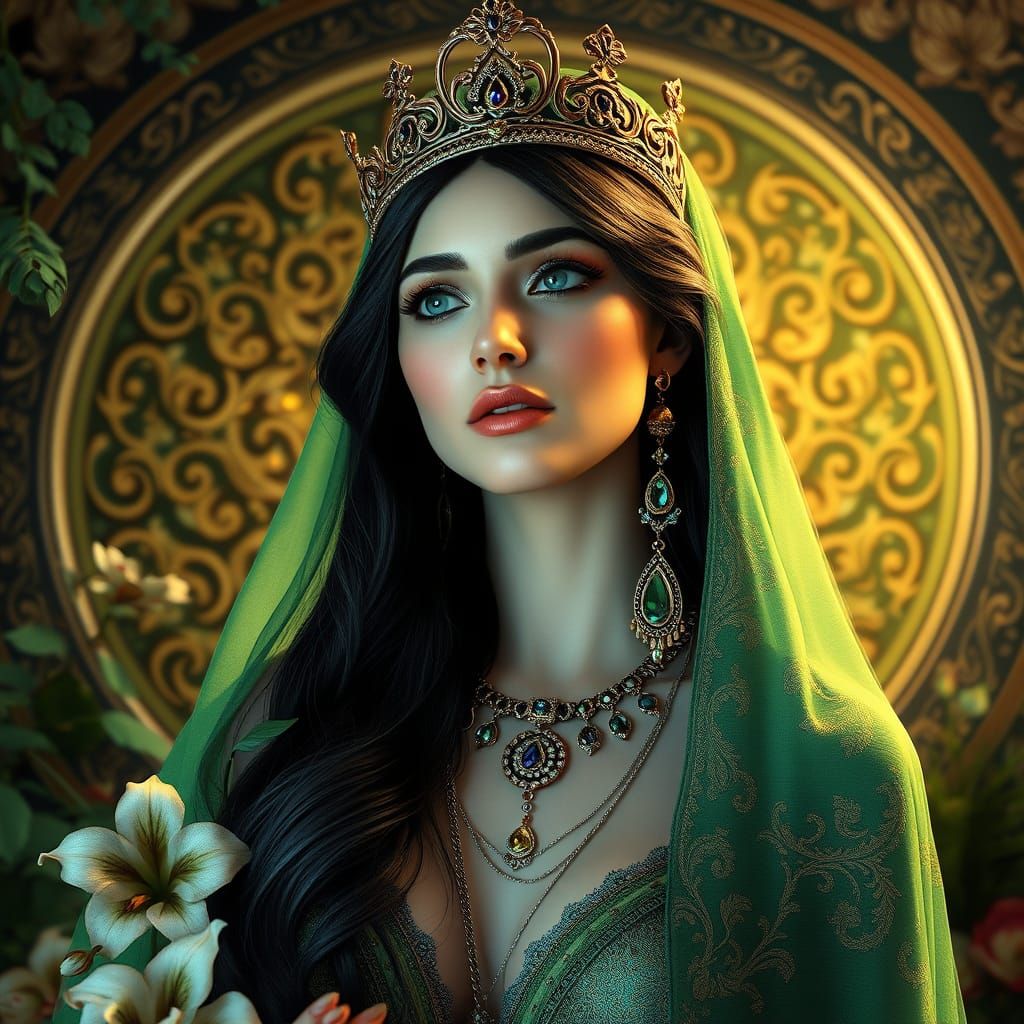 Enchanting Goddess in Exquisite Attire, Set Amidst Lush Gree...