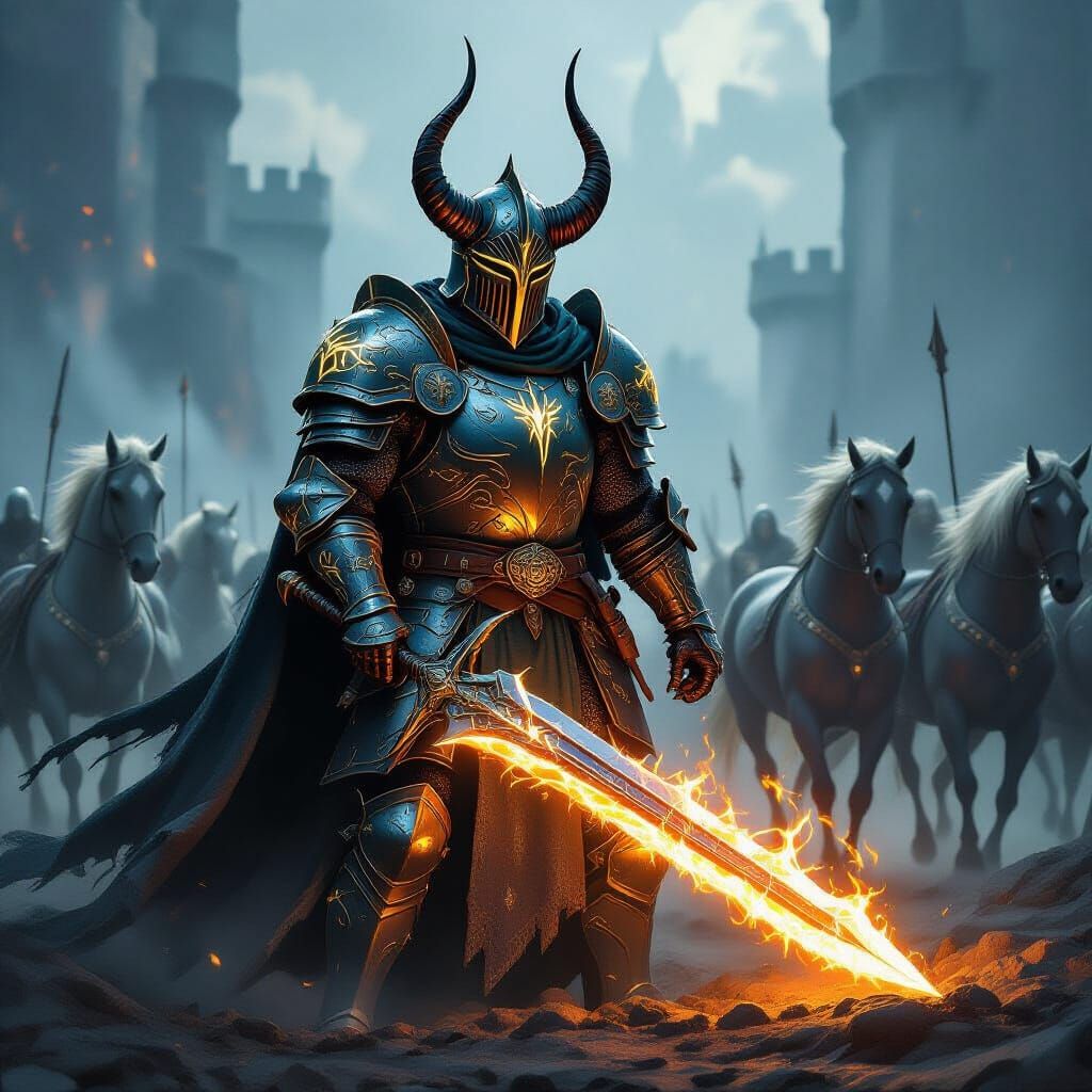Knight Defies Spectral Horses with Flaming Sword
