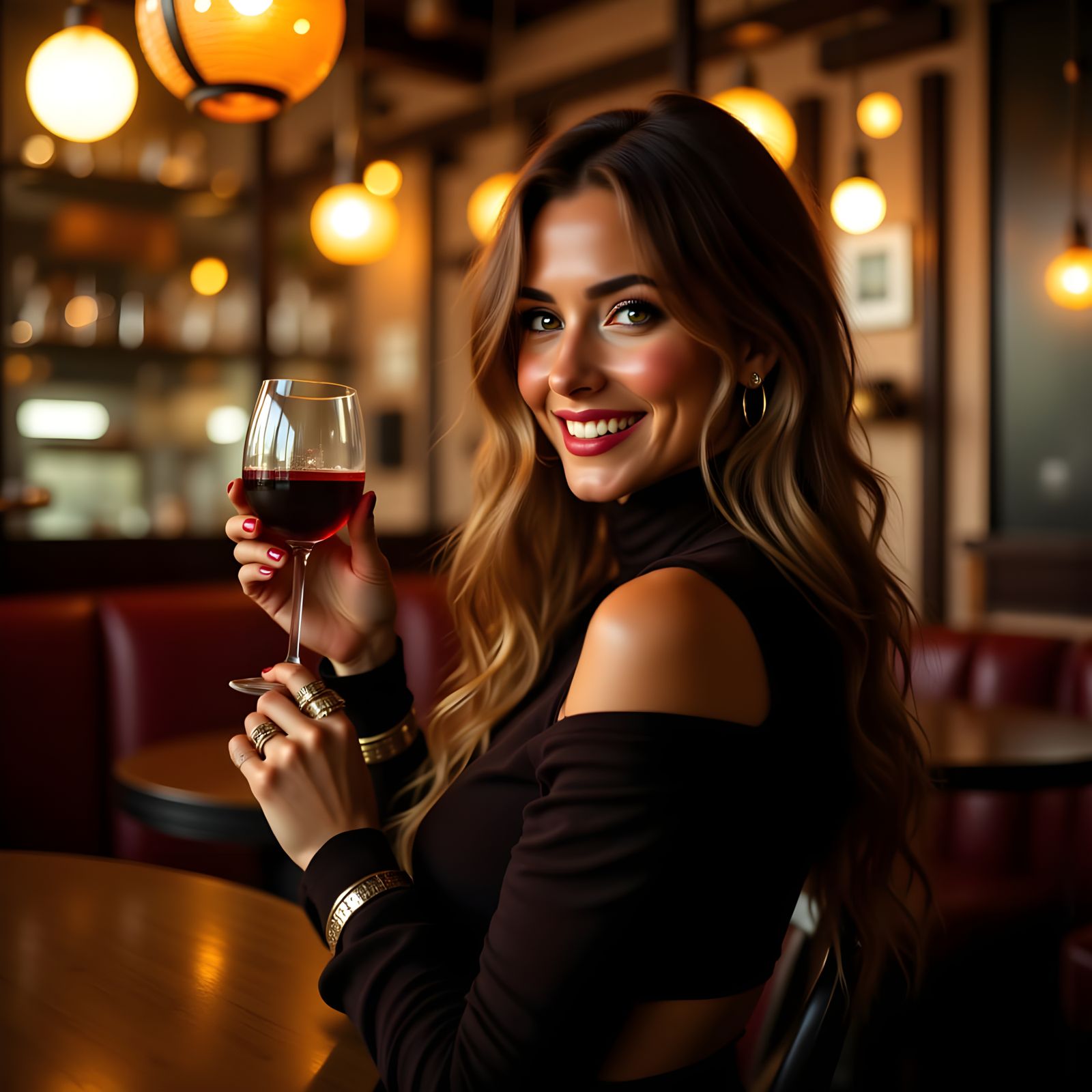 Woman Raises Glass in Warm Restaurant Toast