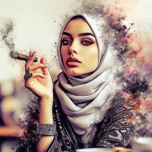 Beautiful Tunisian Woman Smoking Cigar, Splash Art
