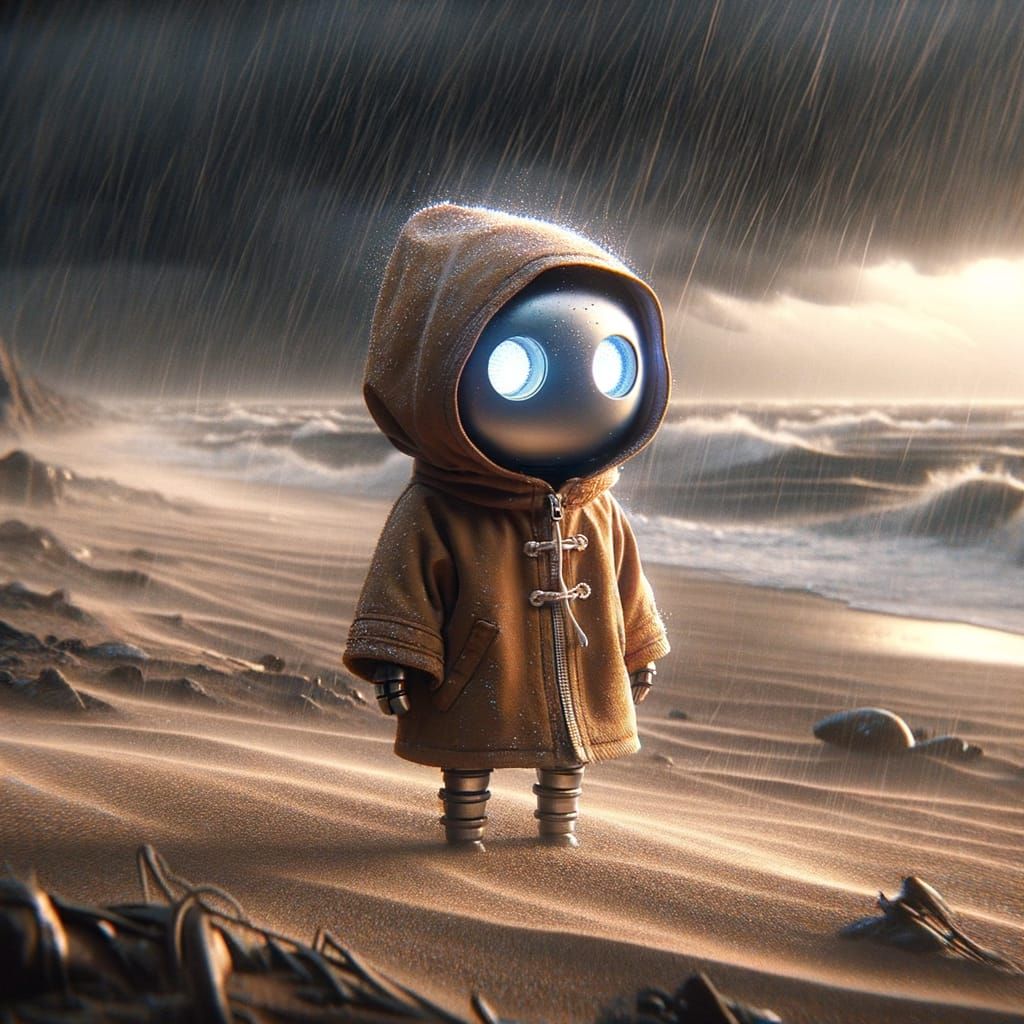 Dejected Robot on Stormy Beach in Digital Art Style
