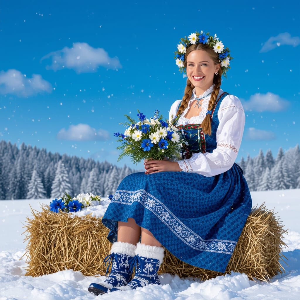 Smiling Woman in Bavarian Dress with Winter Flowers