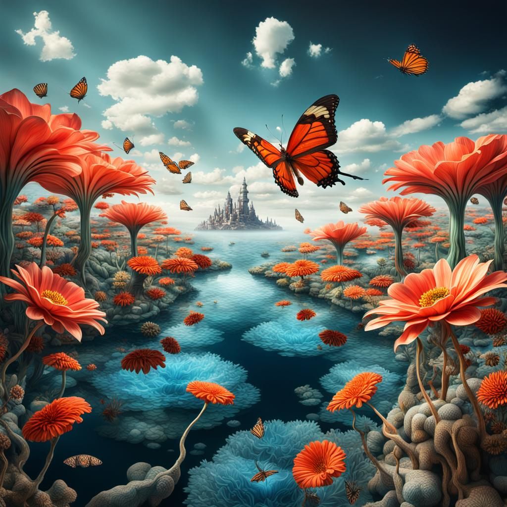 Surreal Floating Islands with Giant Flowers, Dali Style