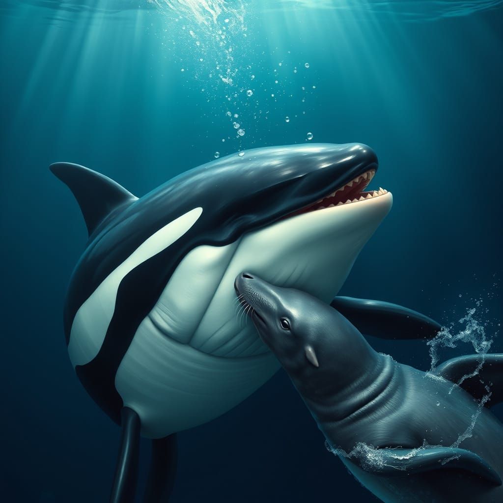 Killer Whale and Seal Play in Realistic Underwater Scene