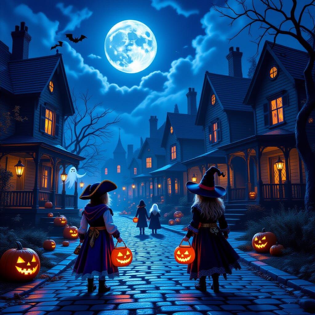 Spooky Halloween Night With Haunted Houses and Costumed Chil...