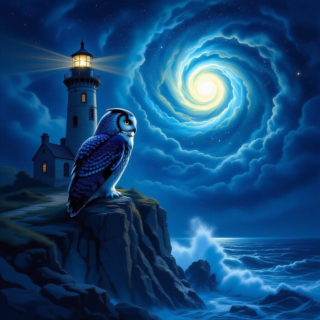 Obsidian Owl Guards Cosmic Lighthouse Over Turbulent Ocean