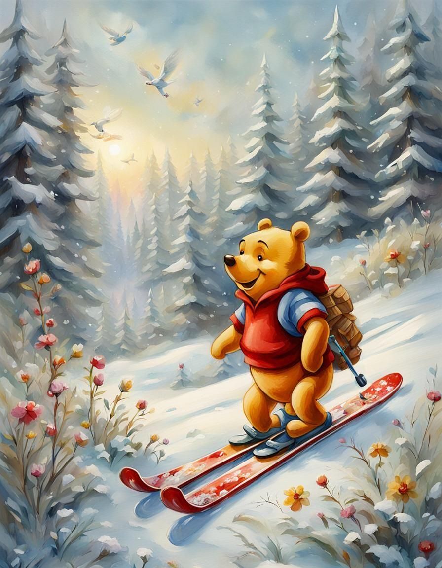 Winnie the Pooh Skiing: Detailed Watercolor Painting