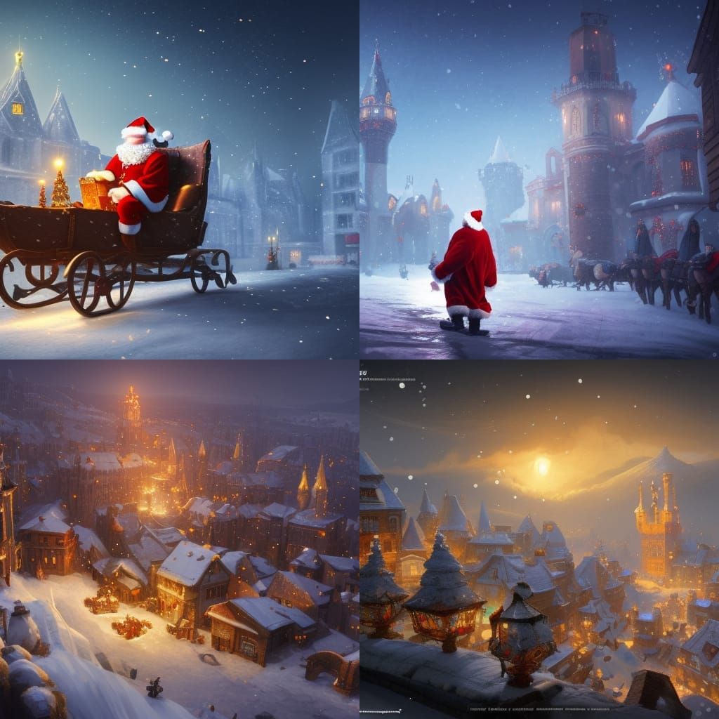 Santa's Sleigh Over Medieval City: Art Nouveau Style