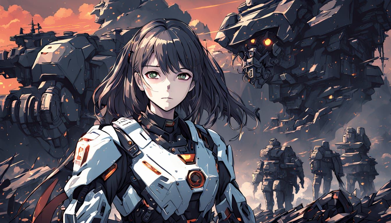 Anime Girl Leans on Her Majestic Mecha in a Smoldering Battl...