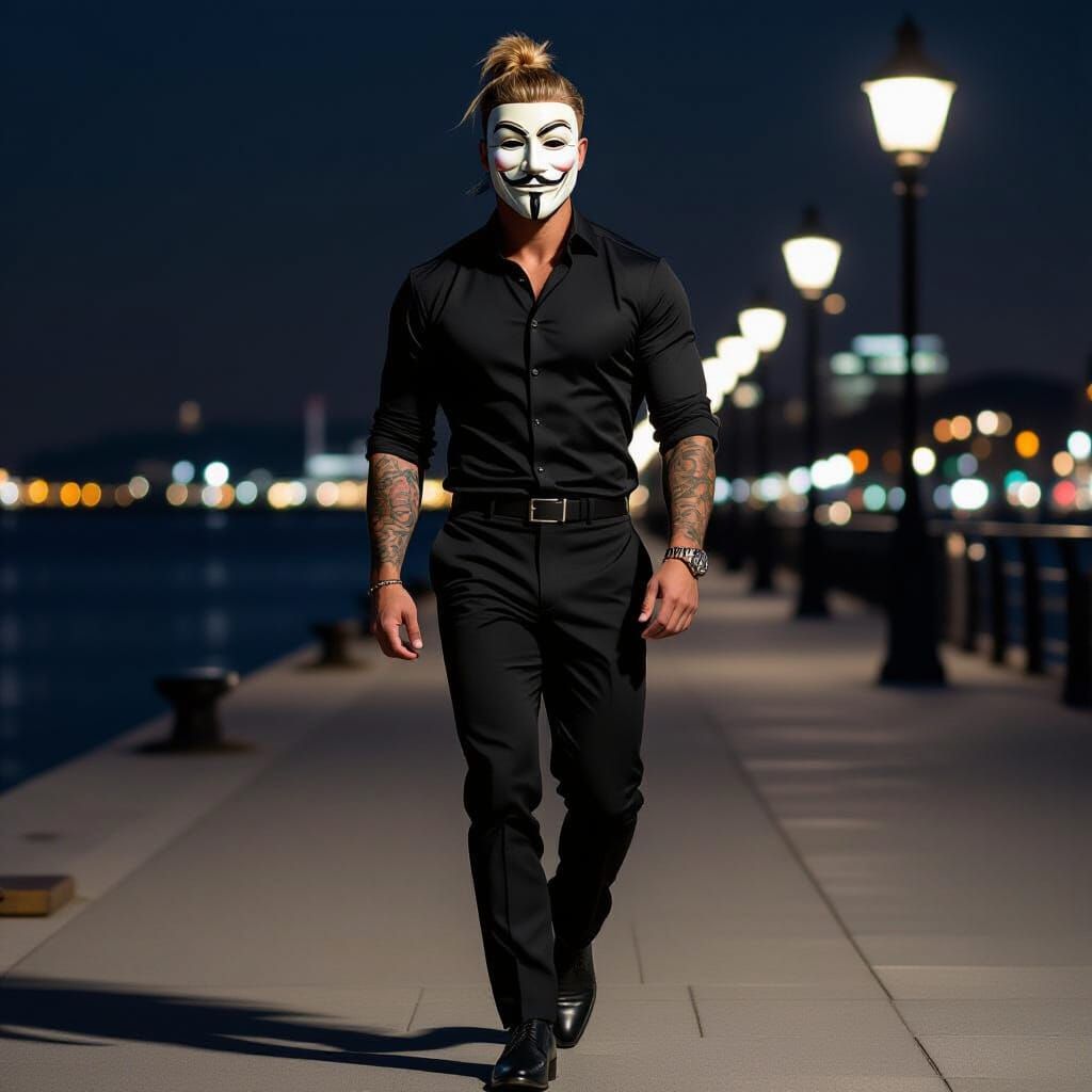 Masked Man Walks Waterfront at Night